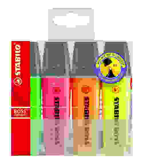НАБОР ТЕКСТОВЫДЕЛИТЕЛЕЙ STABILO BOSS ORIGINAL 4 ЦВ/УП: ЖЕЛТЫЙ, ЗЕЛЕНЫЙ, ОРАНЖЕВЫЙ, РОЗОВЫЙ, 2-5ММ, Б