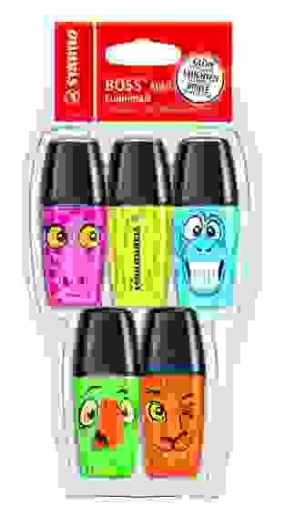 НАБОР ТЕКСТОВЫДЕЛИТЕЛЕЙ STABILO BOSS MINI FUNNIMALS, 5 ШТ/УП : ЖЕЛТЫЙ, РОЗОВЫЙ, ГОЛУБОЙ, ЗЕЛЕНЫЙ, О