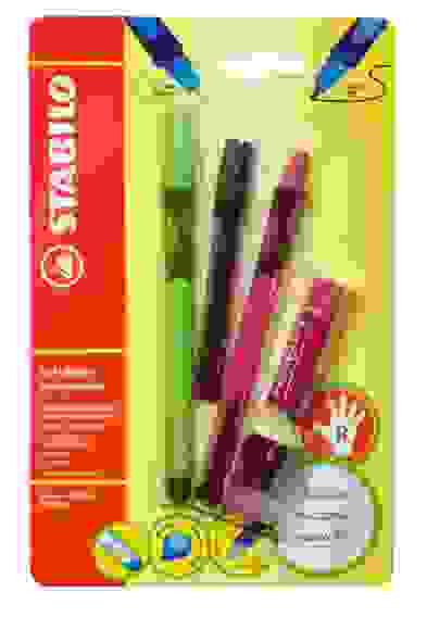 НАБОР STABILO LEFTRIGHT Д/ПРАВШЕЙ: ШАРИК. РУЧКА, МЕХ. КАРАНДАШ, ГРИФЕЛИ, ЛАСТИК, ТОЧИЛКА, РОЗОВ-ЗЕЛ