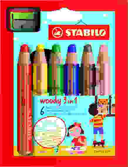 НАБОР СУПЕРТОЛСТЫХ ЦВЕТНЫХ КАРАНДАШЕЙ STABILO WOODY 6ЦВ+ТОЧИЛКА, КАРТОННЫЙ ФУТЛЯР