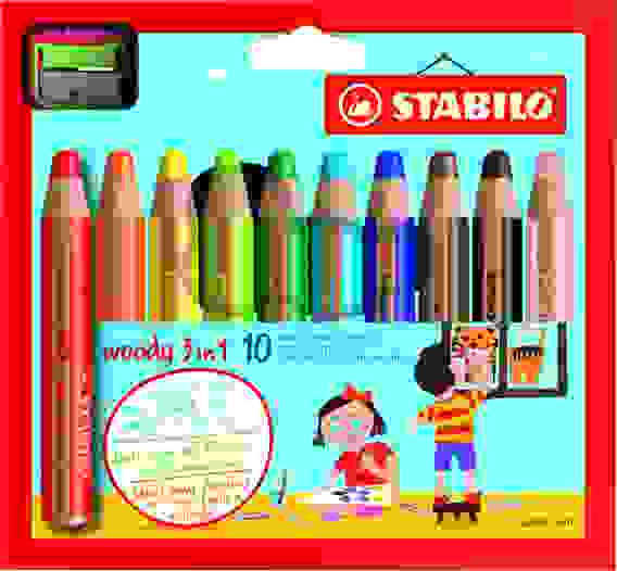 НАБОР СУПЕРТОЛСТЫХ ЦВЕТНЫХ КАРАНДАШЕЙ STABILO WOODY 10ЦВ + ТОЧИЛКА, КАРТОННЫЙ ФУТЛЯР NEW DESIGN